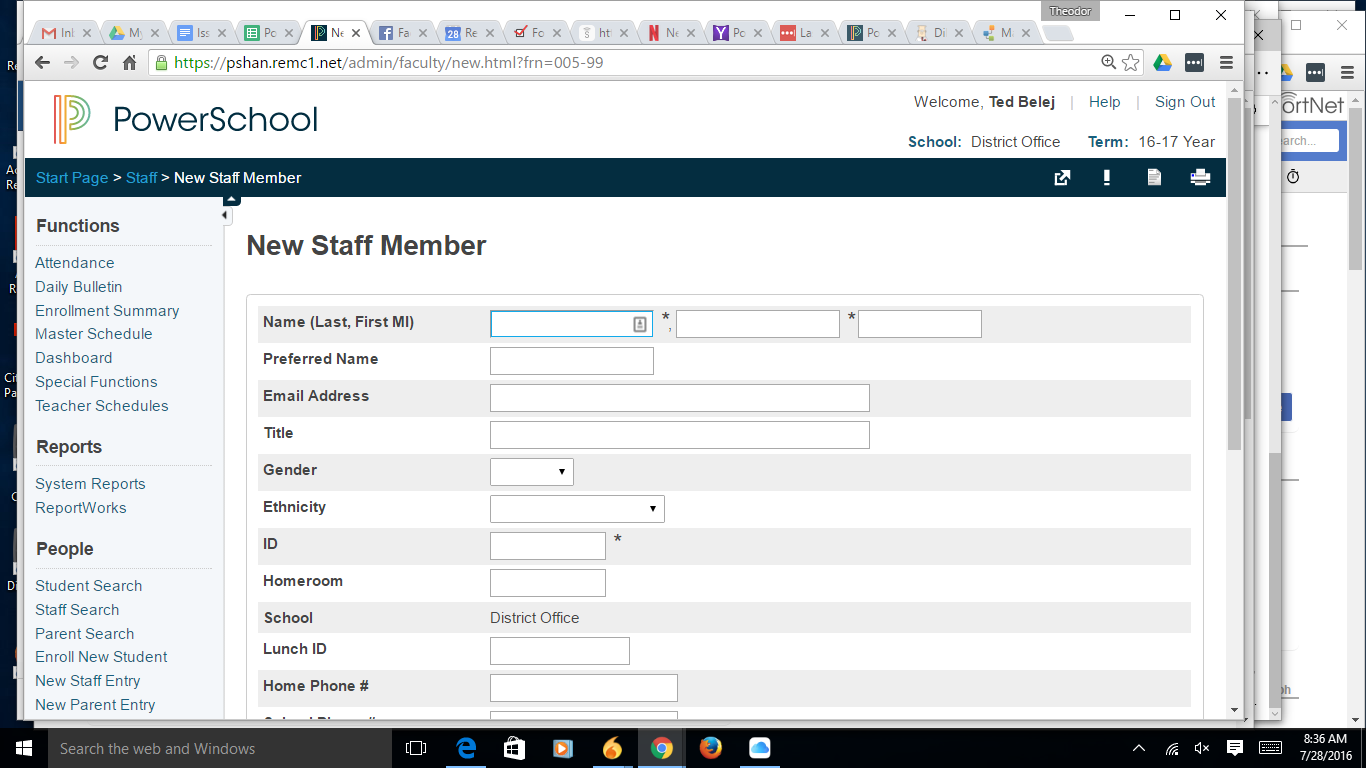 Powerschool new staff entry page display