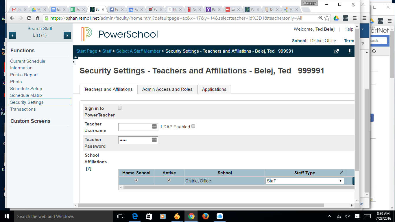 Powerschool security settings page display