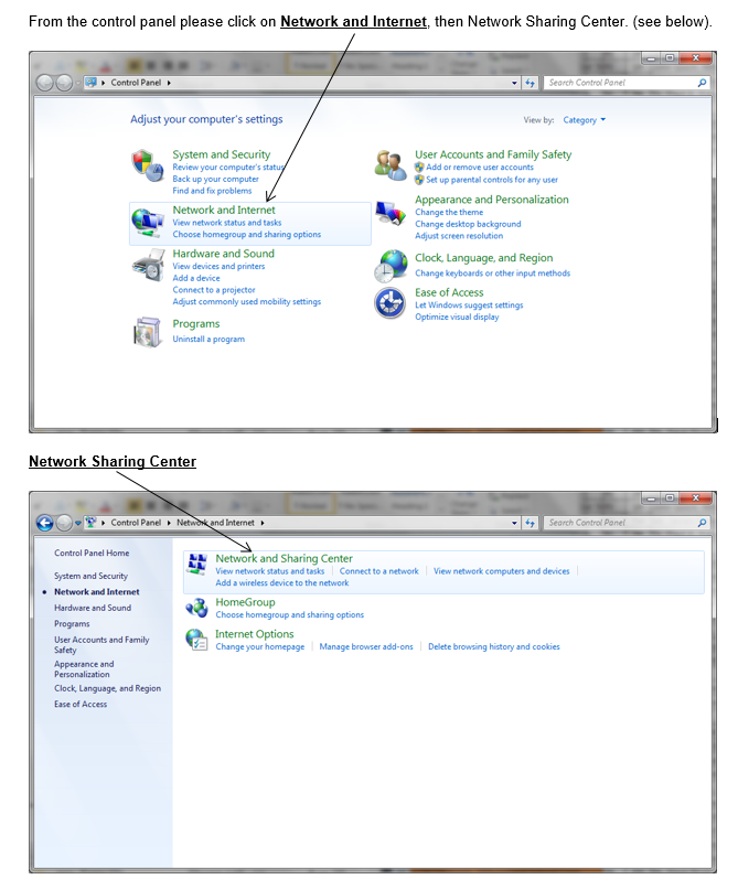 Control panel page, network and internet link, Networking sharing center display