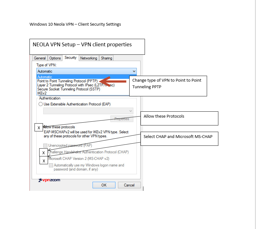 VPN properties page, security tab, type of vpn options display