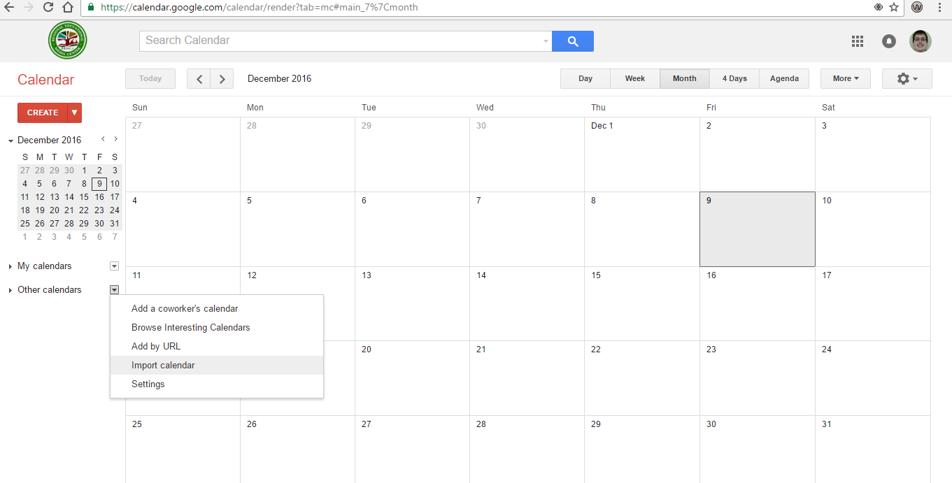 Google calendar Import option display