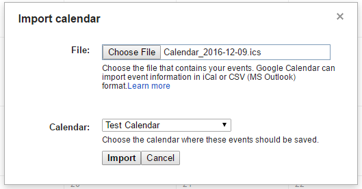 Google calendar Import calendar display