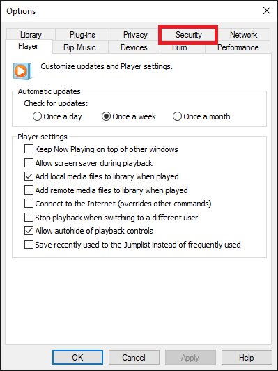 Windows media player options page, security tab option display