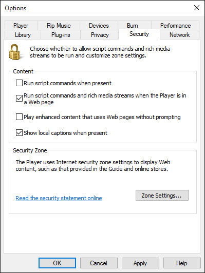 Windows media player options page, security tab display