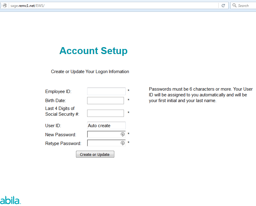 Account setup page display