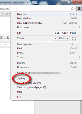 Google Chrome menu, settings entry, display