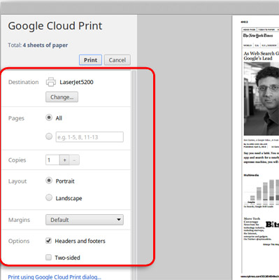 Google Cloud Print, print settings, display