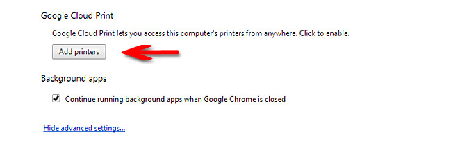 Google Chrome, advanced settings menu, add cloud printer display