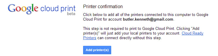 Google Cloud Print confirmation dialog, display