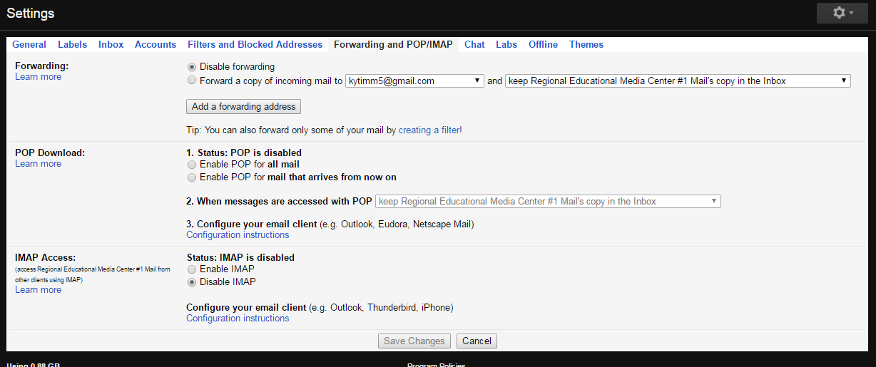 Gmail settings page display