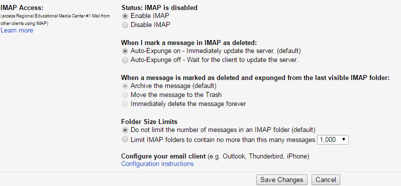 Gmail IMAP settings page display
