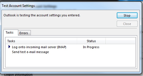 Outlook test account settings display