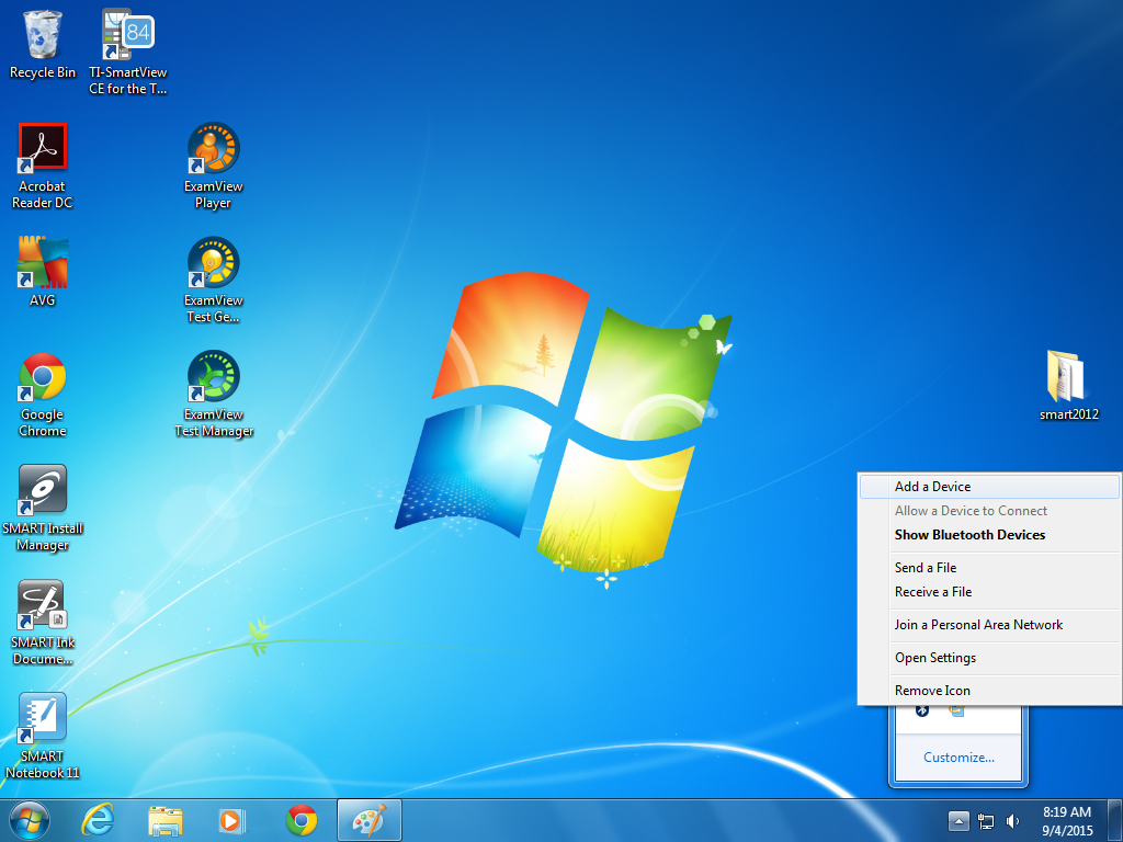 Windows desktop, notification area, bluetooth options display
