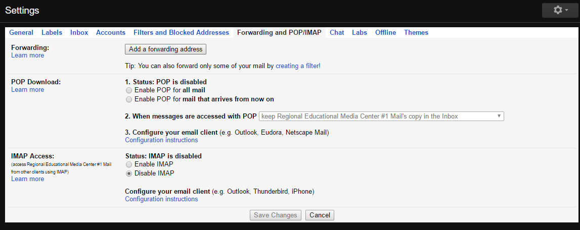 Gmail settings options display
