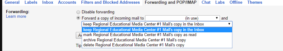 Gmail settings Forwarding tab display