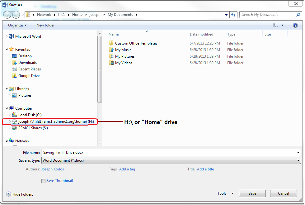 Windows file explorer, h-drive link display