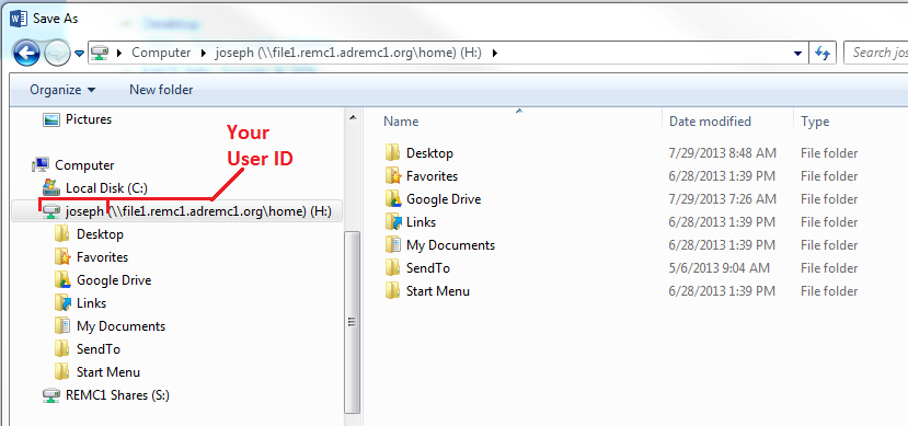 Windows file explorer, h-drive link options display