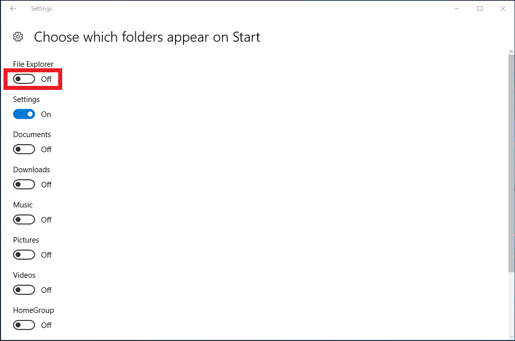 Choose which folders display on start page, file explorer button display