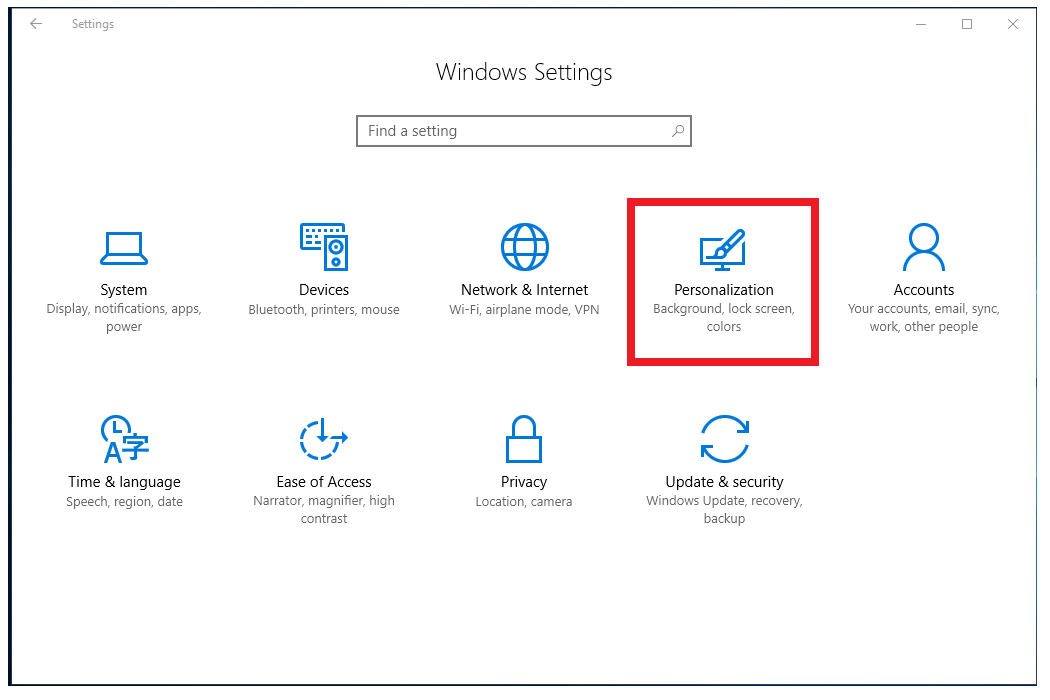 Windows settings page, personalization button display
