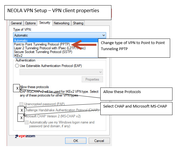 VPN properties, security tab, type of VPN dropdown display
