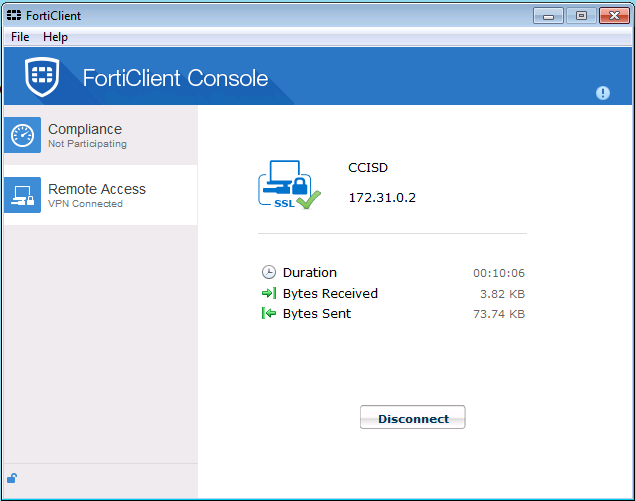 Windows Forticlient console connected page display