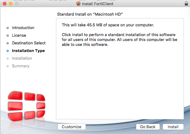 OSX install Forticlient page, customize button display