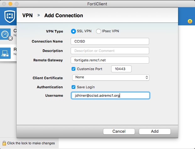 OSX forticlient vpn add connection page display