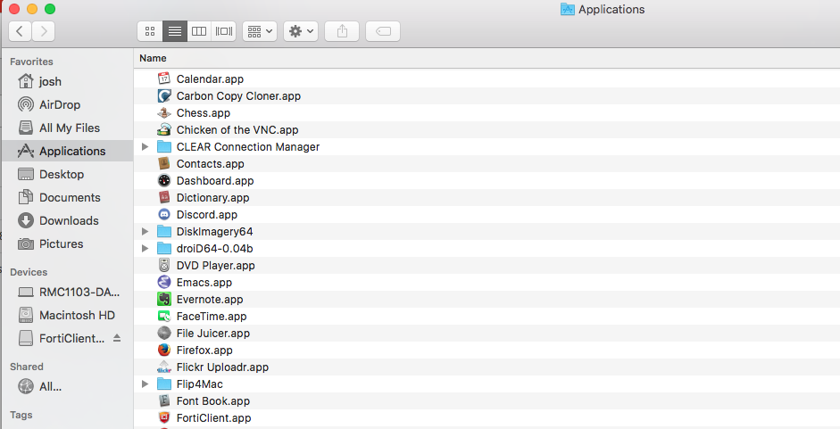 OSX finder tool, Applications, forticlient console path display