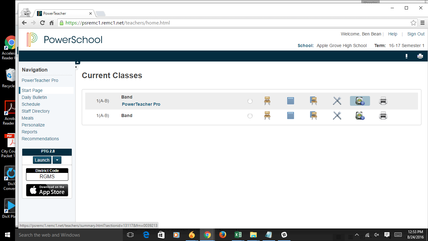 Powerschool current classes page, backpack link display