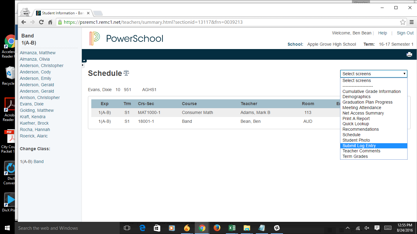 Powerschool student schedule page, submit log entry pulldown display