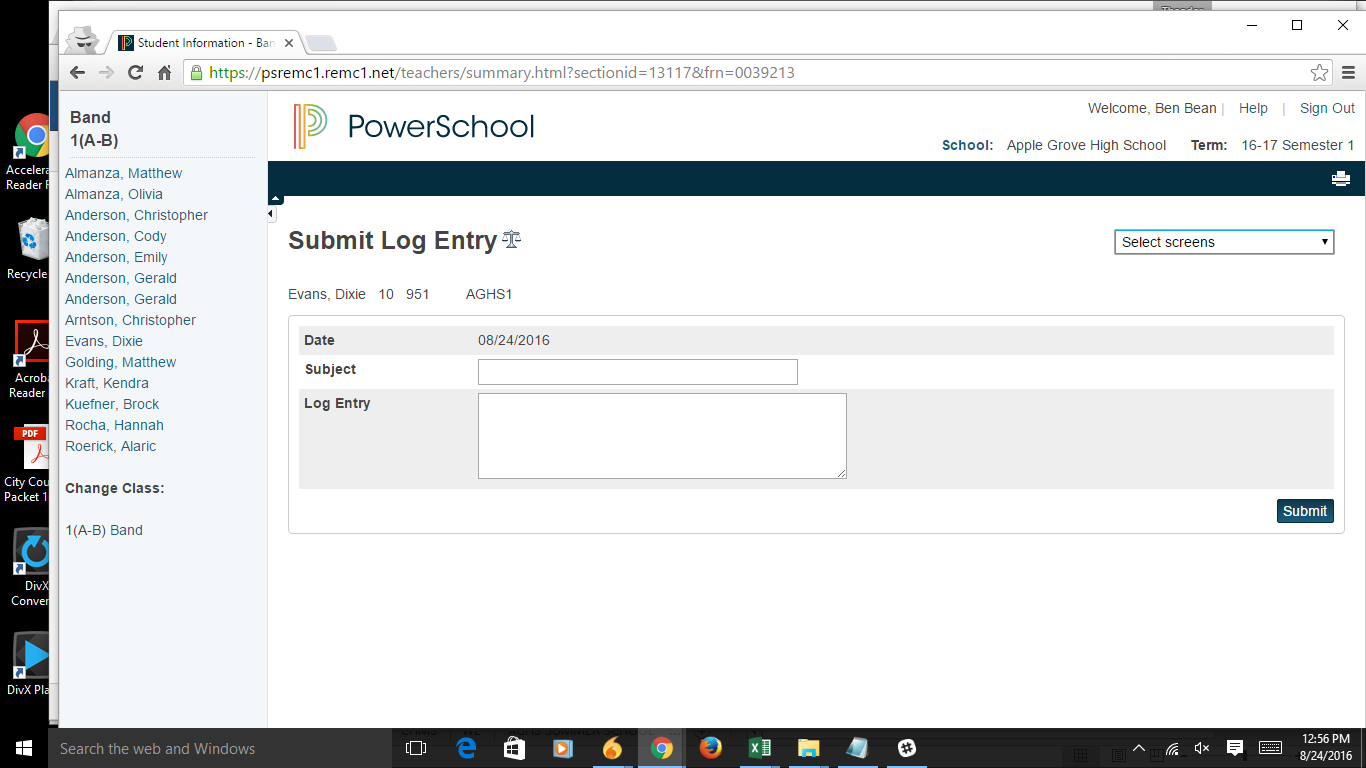 Powerschool submit log entry page display
