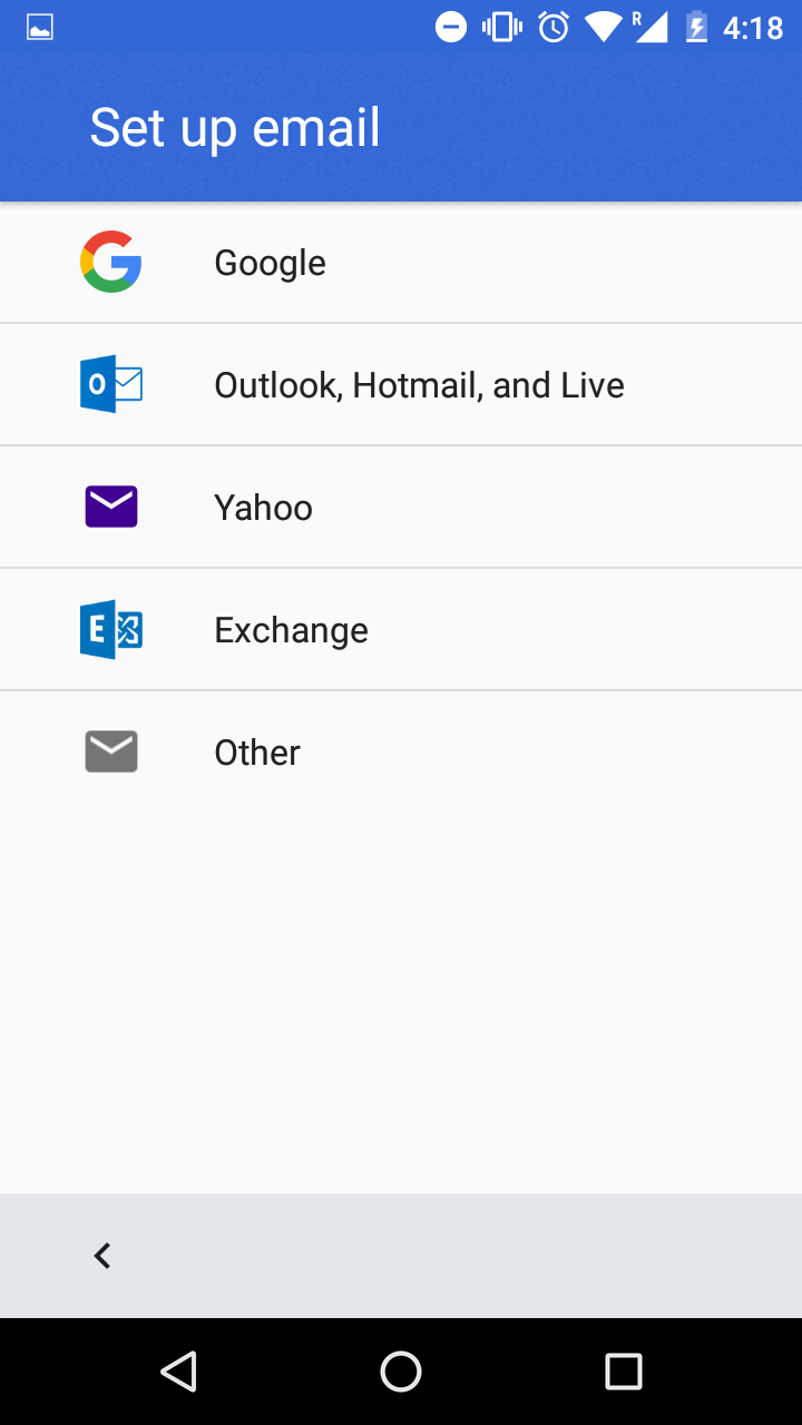 Android Set up email options display