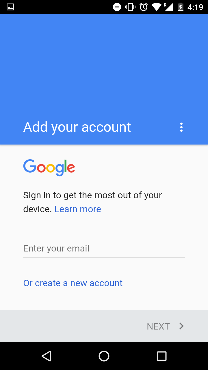 Android Google add account page display