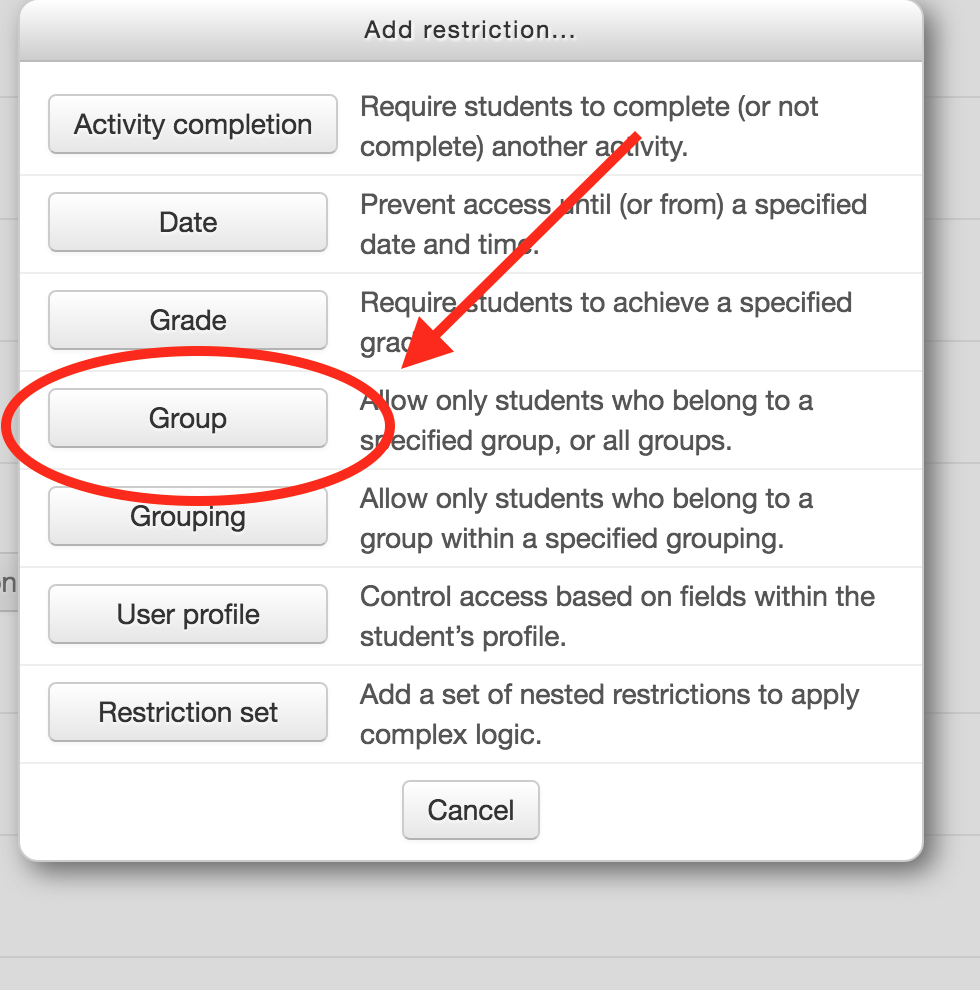 Moodle new assignment options, Restrict access link, select group display