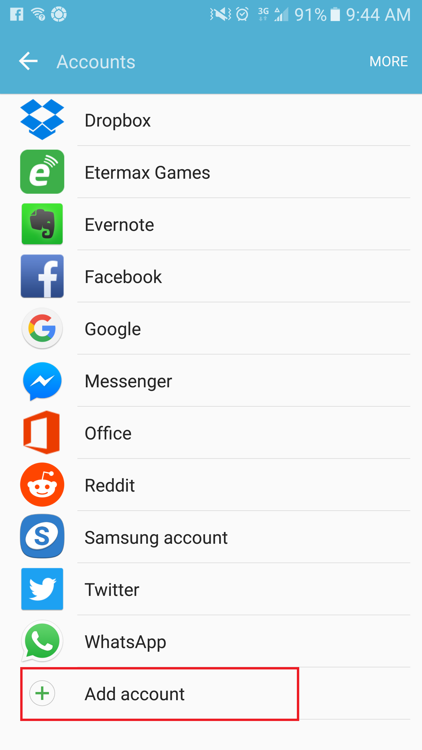 Android settings, Accounts display