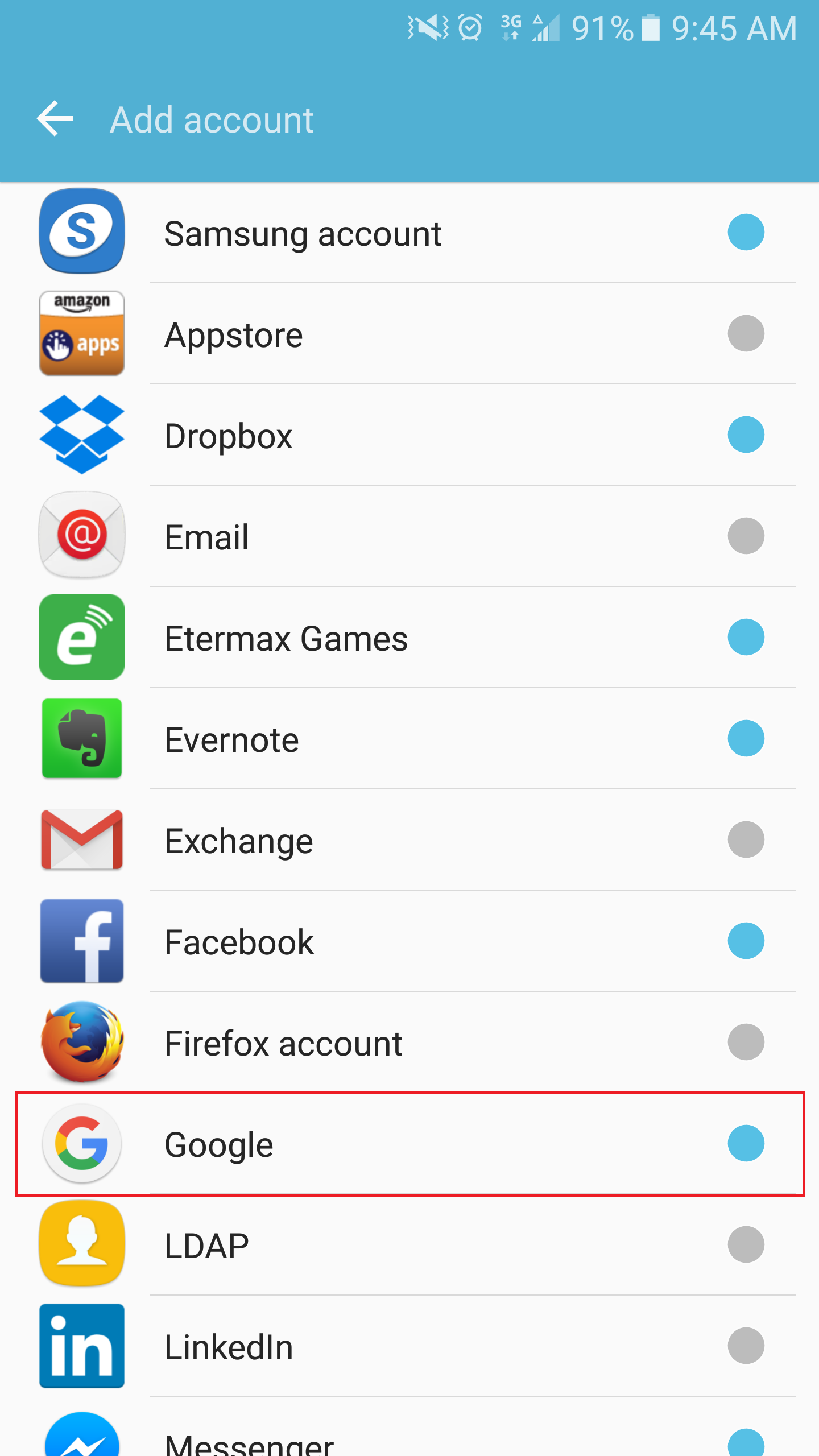 Android settings, Accounts, Add account display