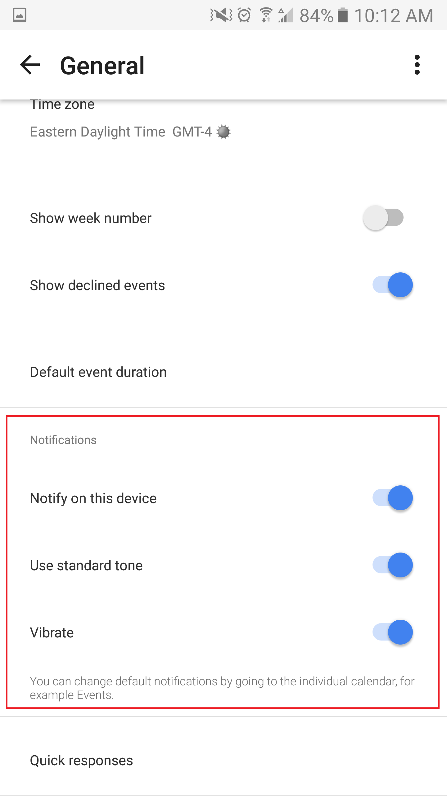 Android calendar app General settings display