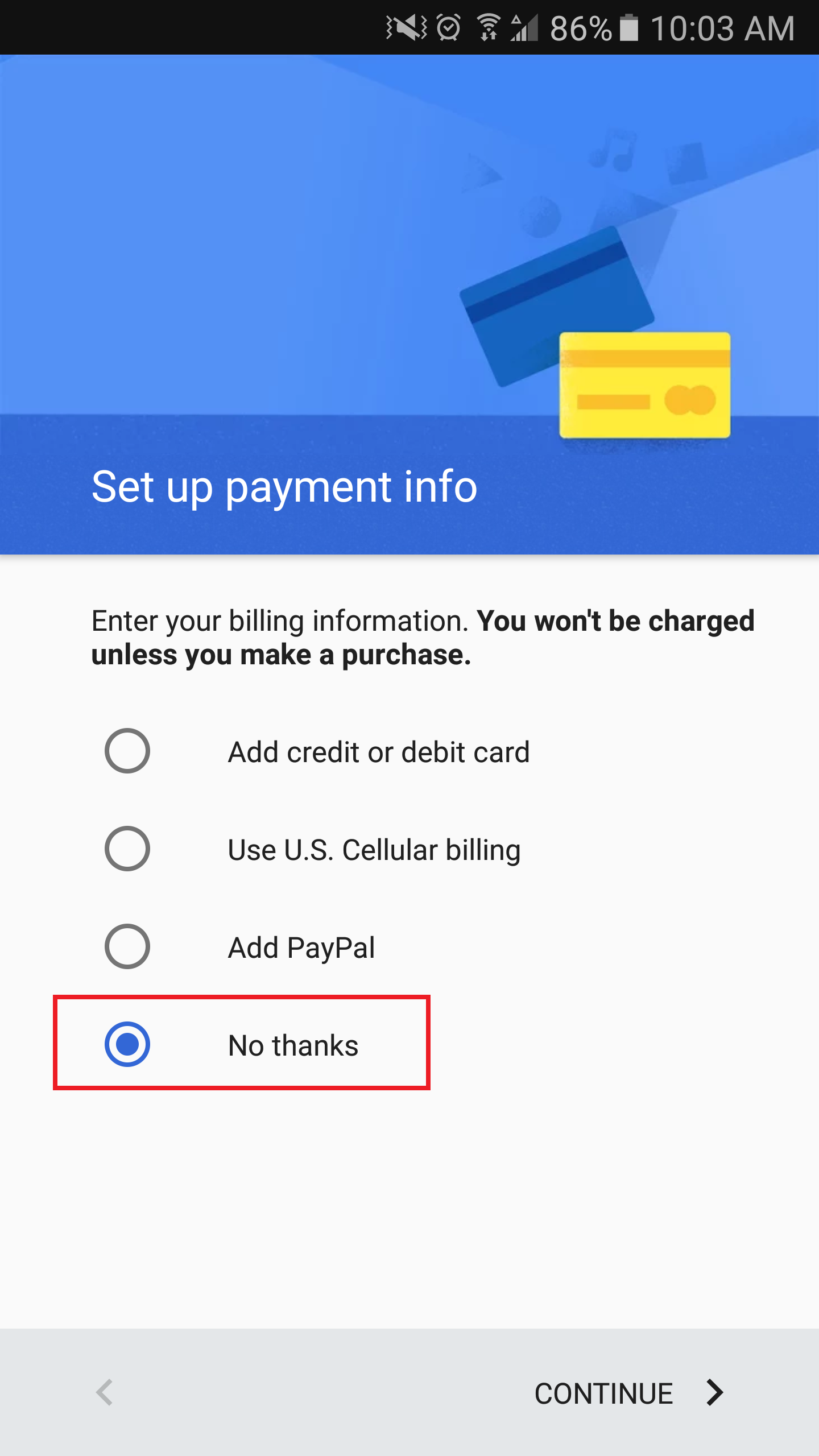 Android Google account payment options display