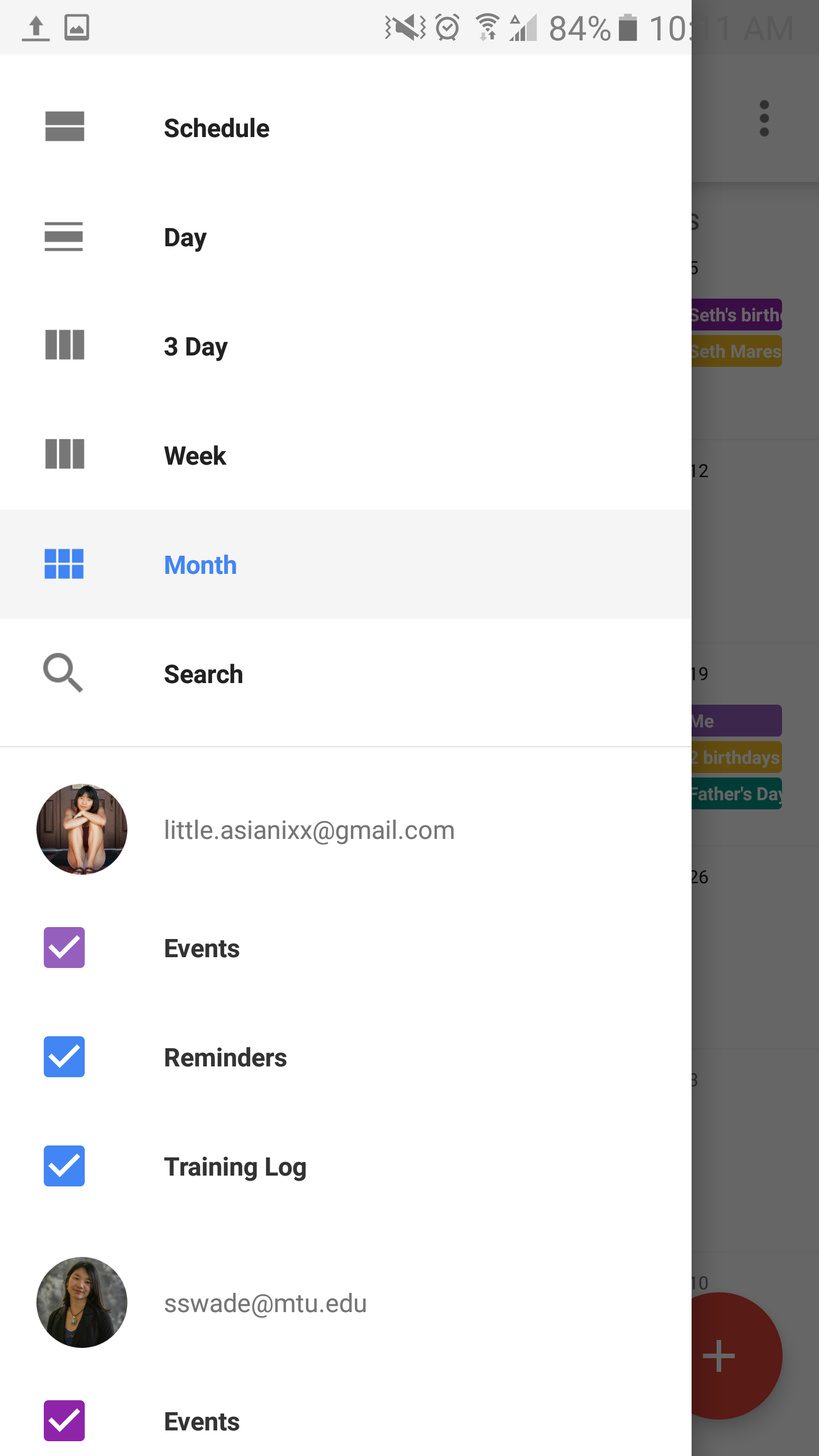 Android calendar app options display