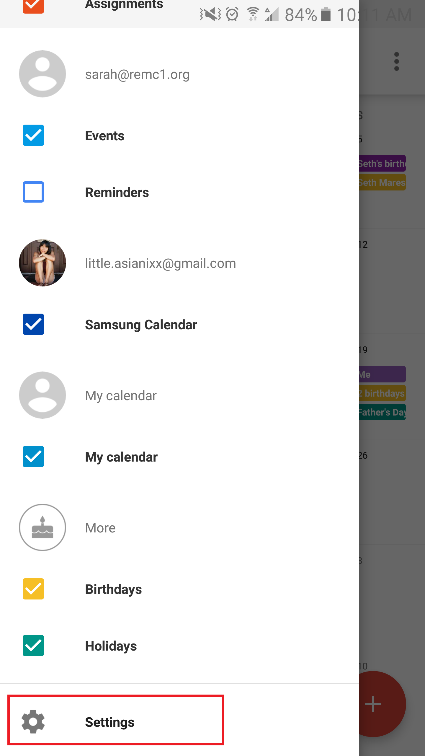 Android calendar app options display