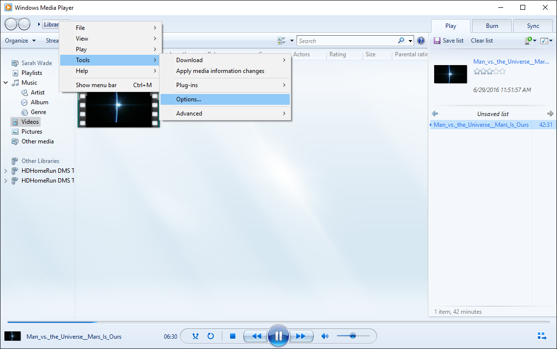 Windows media player library tools options display