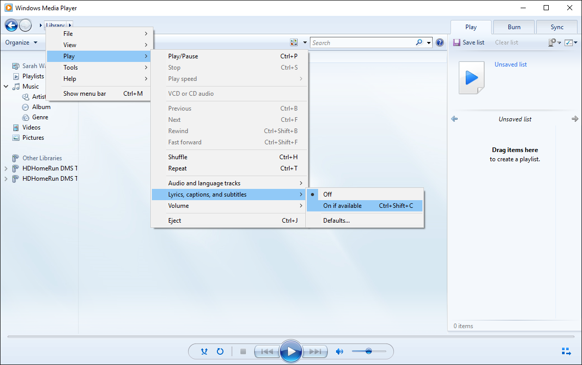 Windows media player library options, lyrics link display
