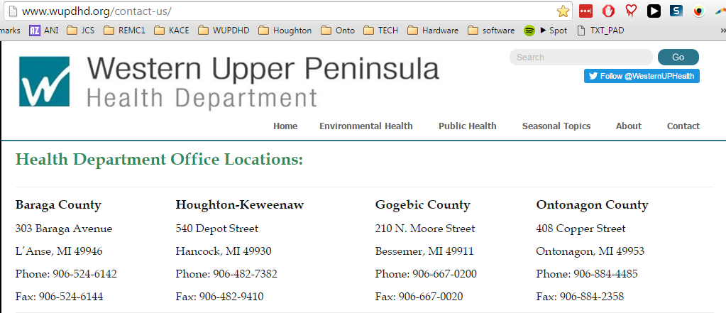 Western Upper Peninsula Health Department Contact List, display