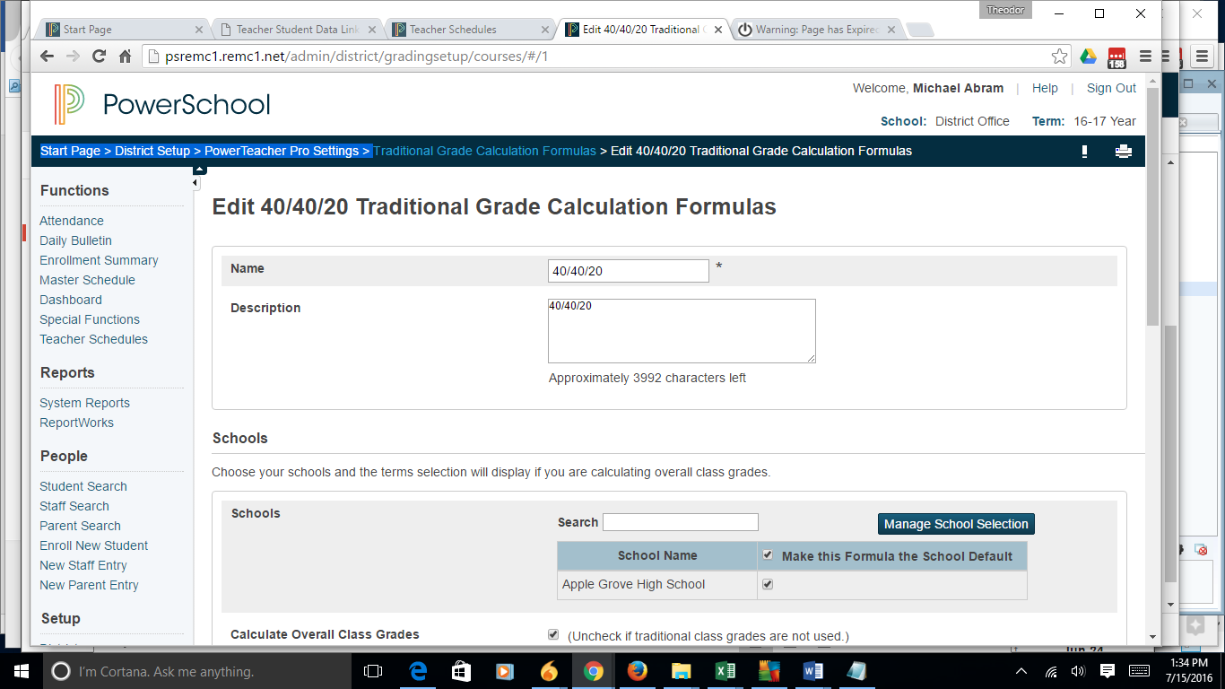Powerschool add Traditional Grade Calculation Formulas page display