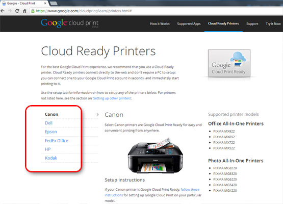 Cloud Ready Printers page, locate manufacturer, display