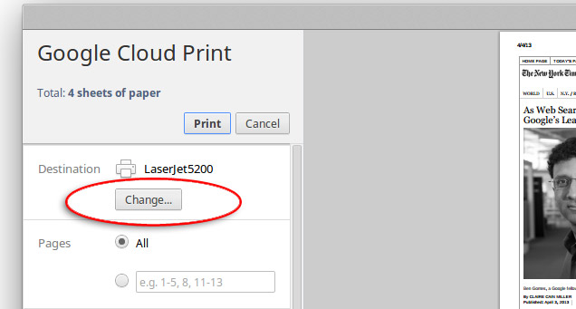 Google Cloud Print change printer button display