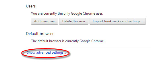 Google Chrome settings page, show advanced settings display