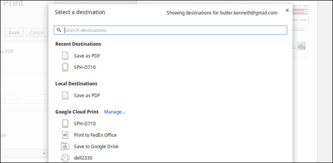 Google Cloud Print, change printer list, display