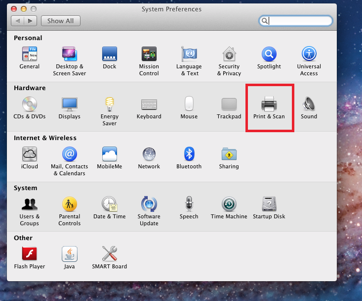 Mac system preferences page, print and scan option display
