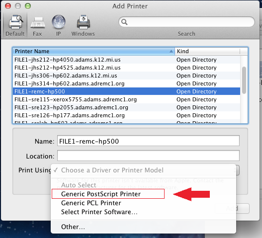 Mac add printer page, driver dropdown menu display